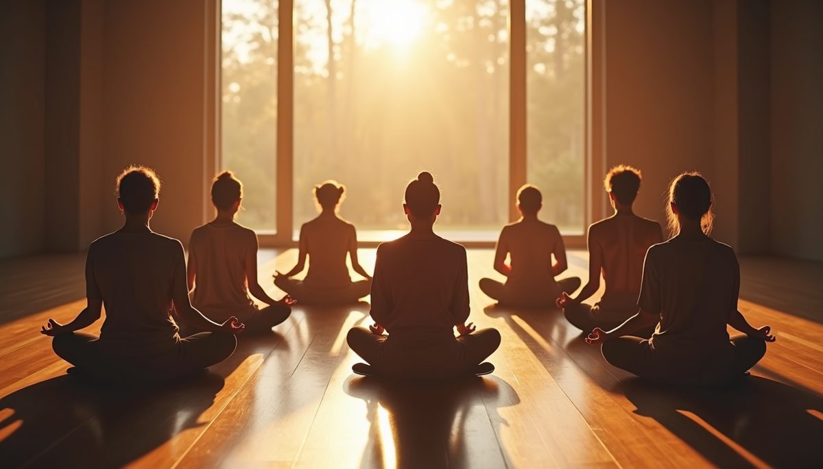 Wide angle view of a serene group meditation session