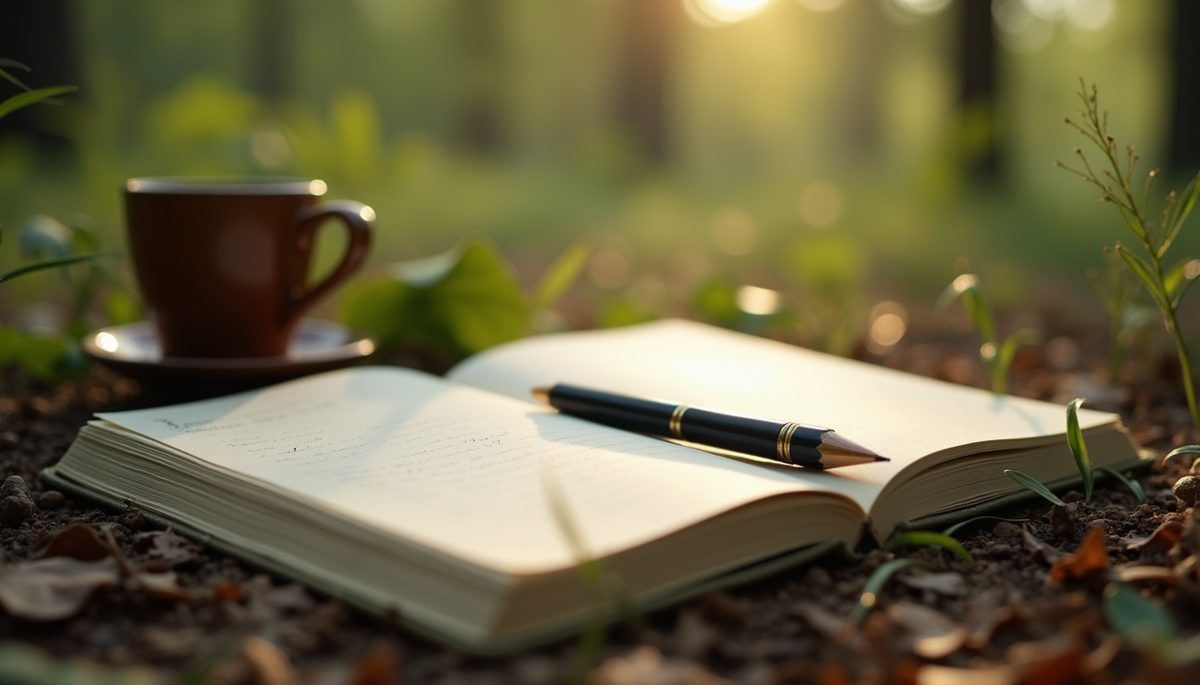 Close-up view of a writing journal surrounded by nature