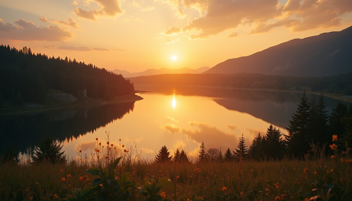 High angle view of a serene sunset over a peaceful lake