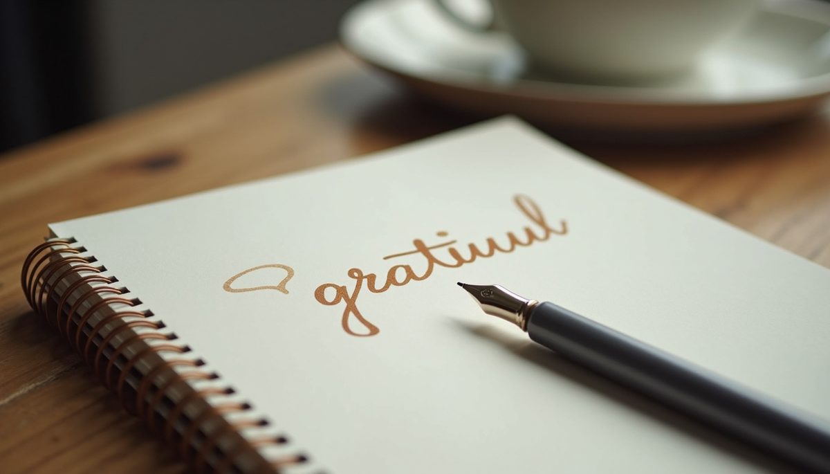 Eye-level view of a gratitude journal with a beautiful pen