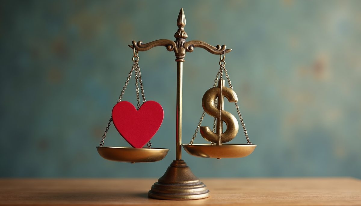 High angle view of a balance scale with heart and dollar sign