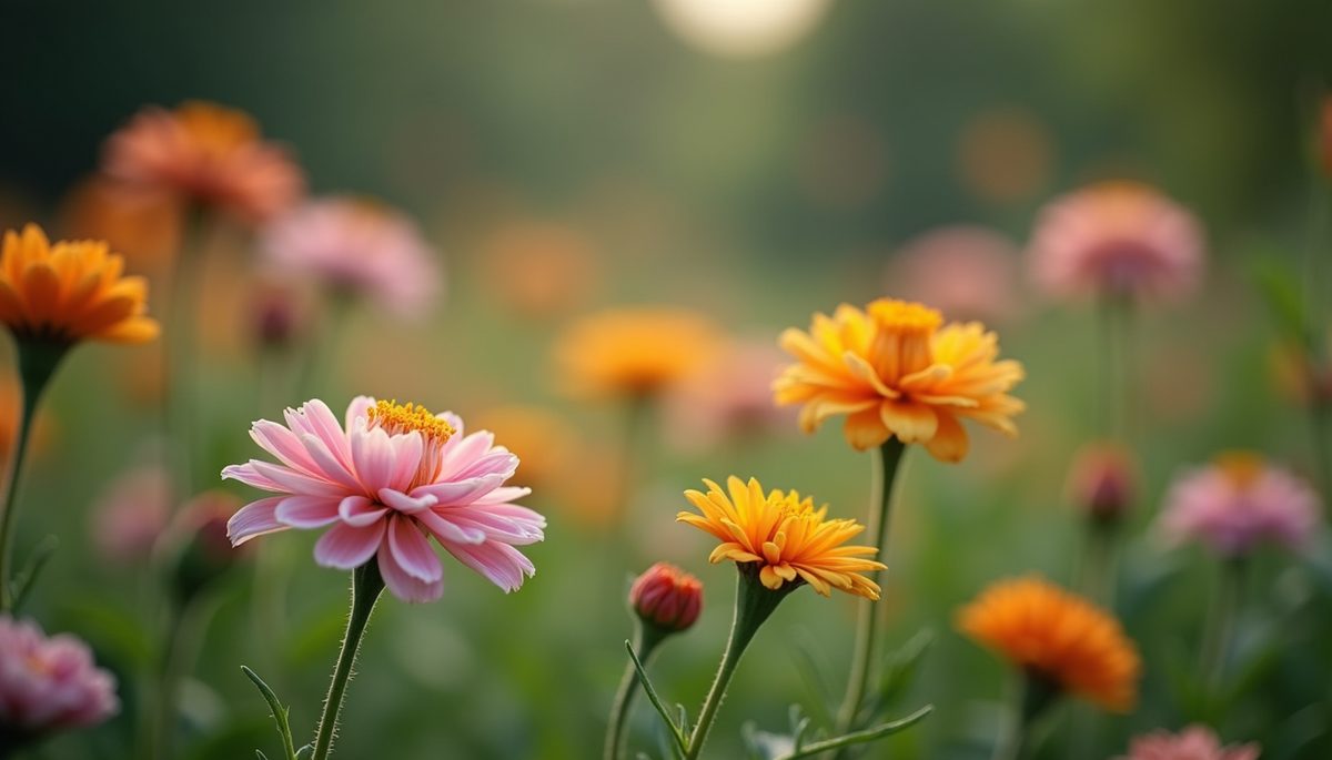 High angle view of a serene garden with blooming flowers