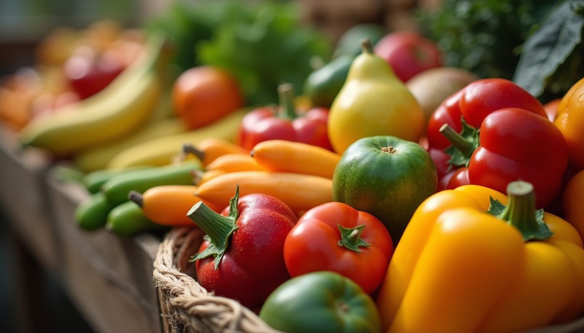 Close-up view of colorful fruits and vegetables