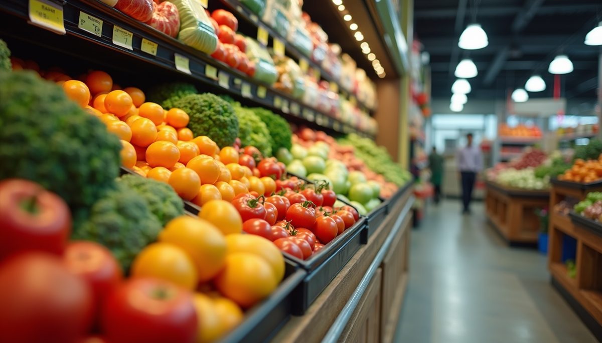 Eye-level view of a vibrant grocery store showcasing fruits and vegetables