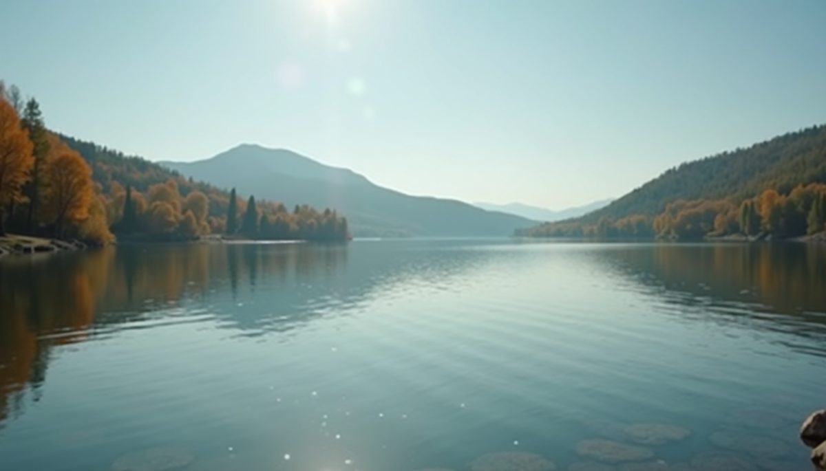 Close-up view of a serene landscape with a calm lake