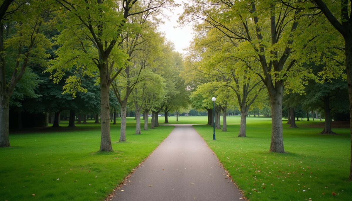 Wide angle view of a peaceful park with a walking path