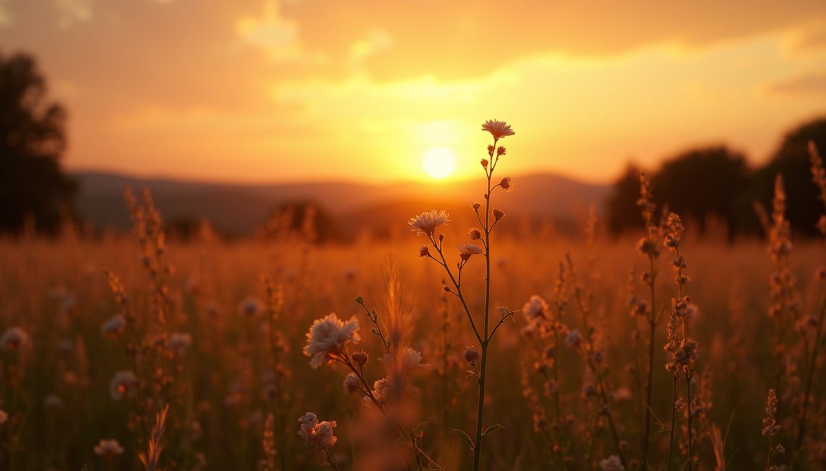 Eye-level view of a peaceful landscape with a glowing sunset