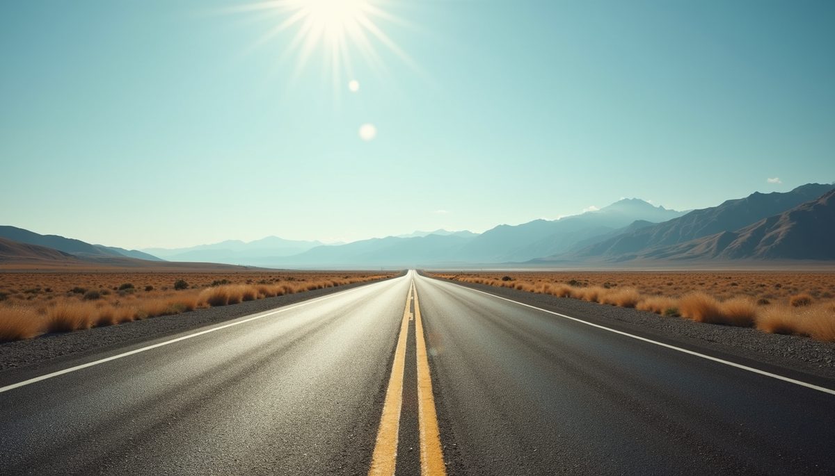 Eye-level view of an open road stretching toward distant mountains