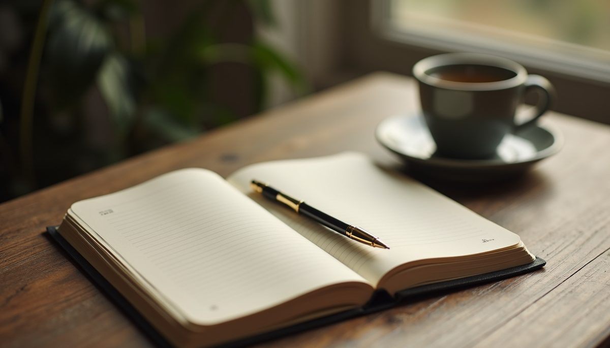 High angle view of a serene mindfulness setting with a journal and pen