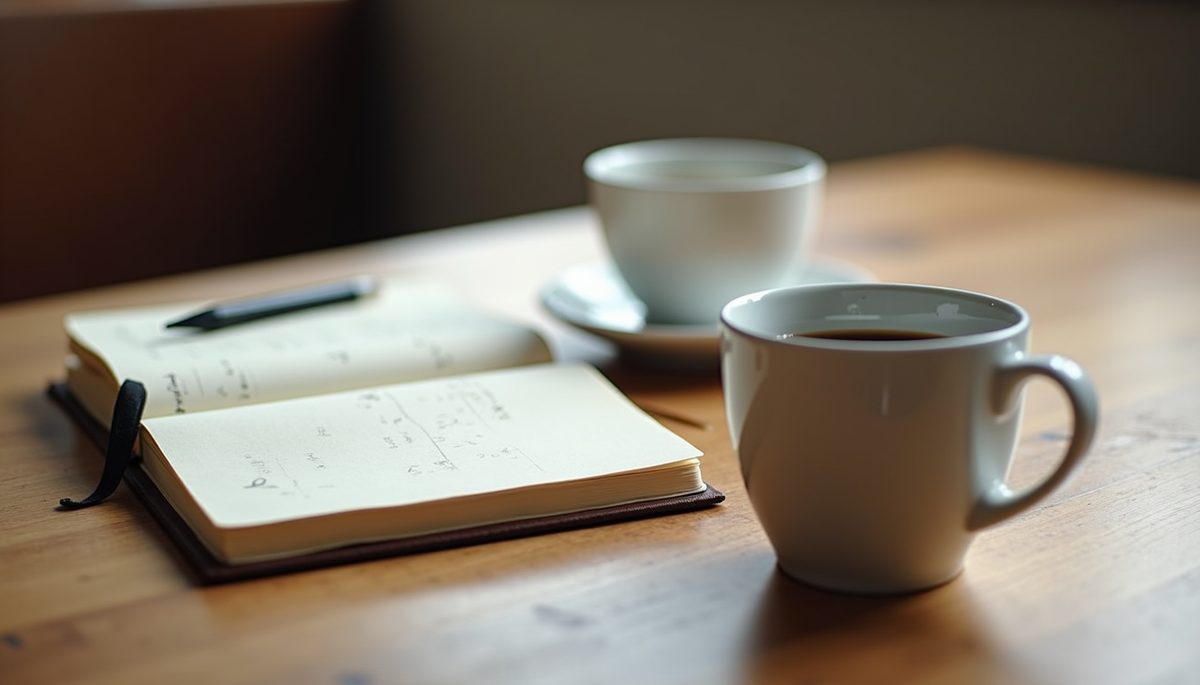 Eye-level view of a journal with a pen and a cup of coffee on a wooden table