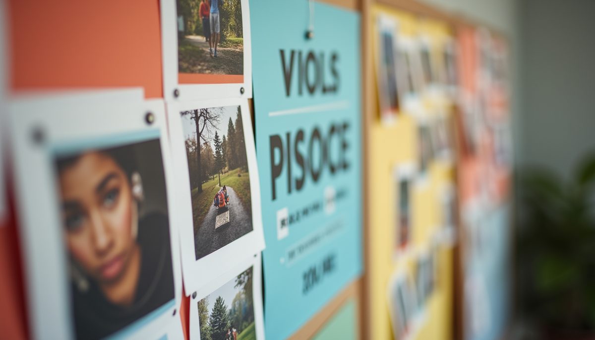 Close-up view of a colorful vision board with pictures and motivational words
