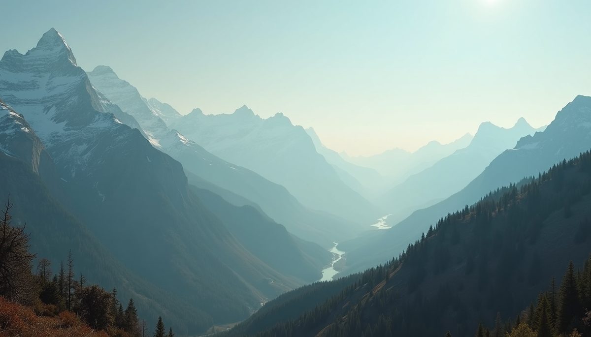 Wide angle view of serene mountain landscape