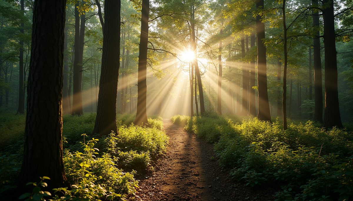 High angle view of peaceful forest with sunlight filtering through trees