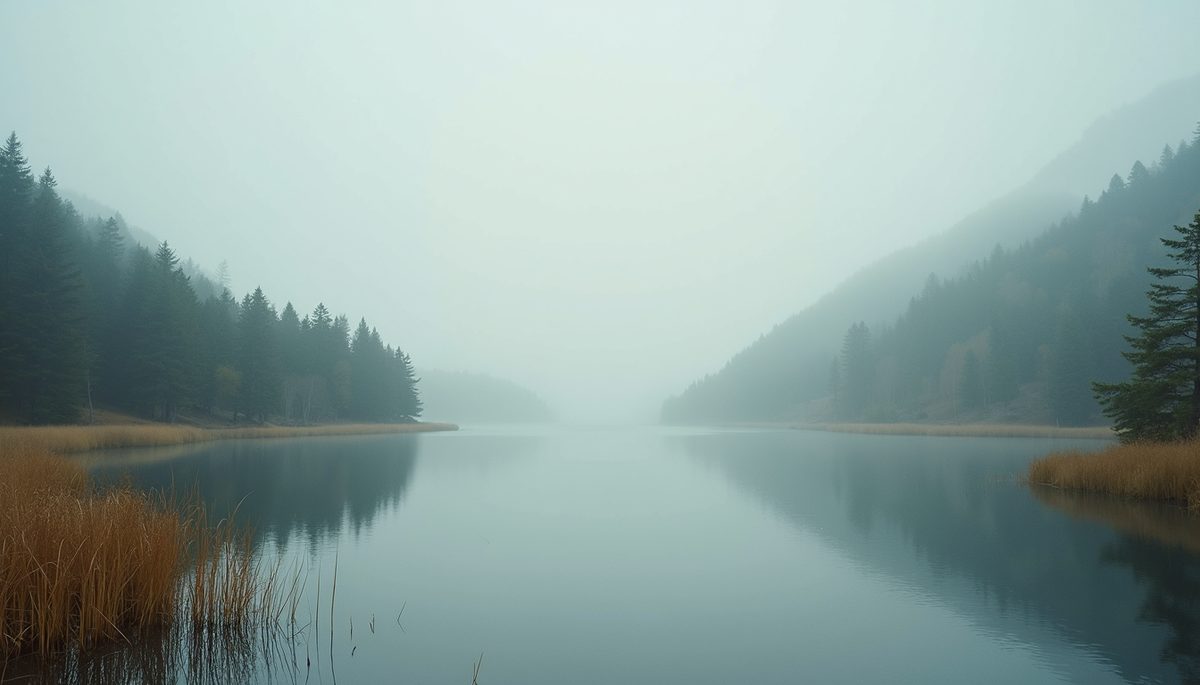 Wide angle view of a serene landscape with a tranquil lake