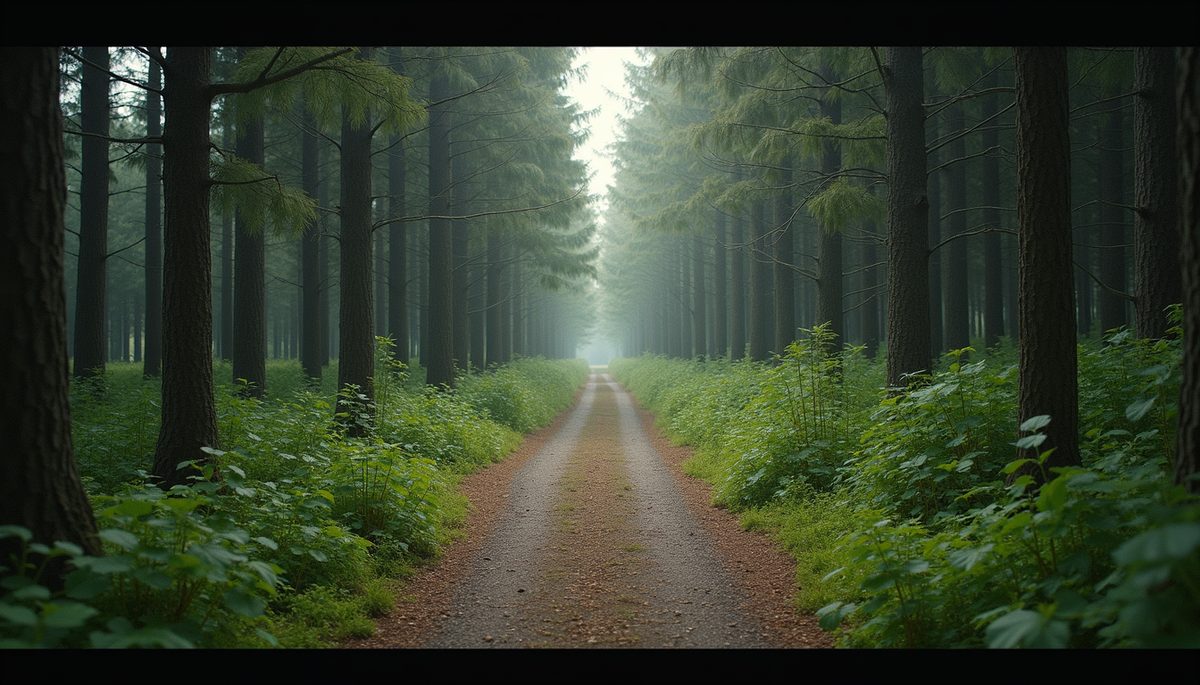High angle view of a solitary path leading through a tranquil forest