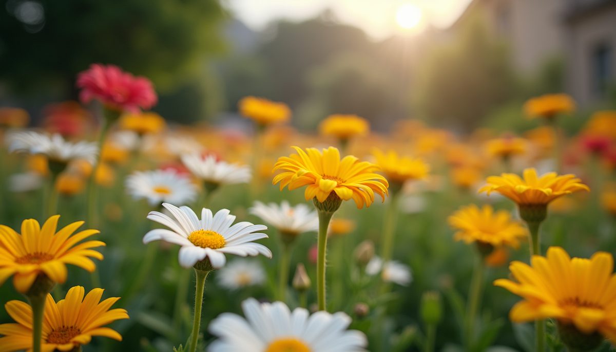 Wide angle view of a serene garden filled with colorful flowers