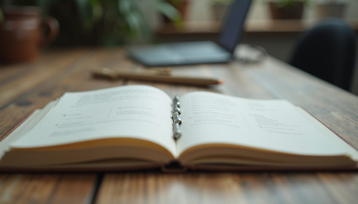 Eye-level view of a notebook opened with the 3 3 3 manifestation method steps written