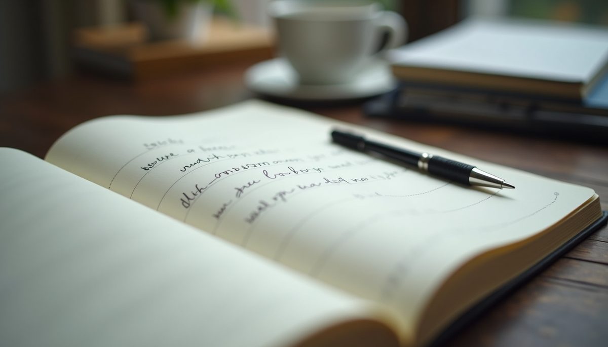 Eye-level view of a journal with handwritten goals and a pen