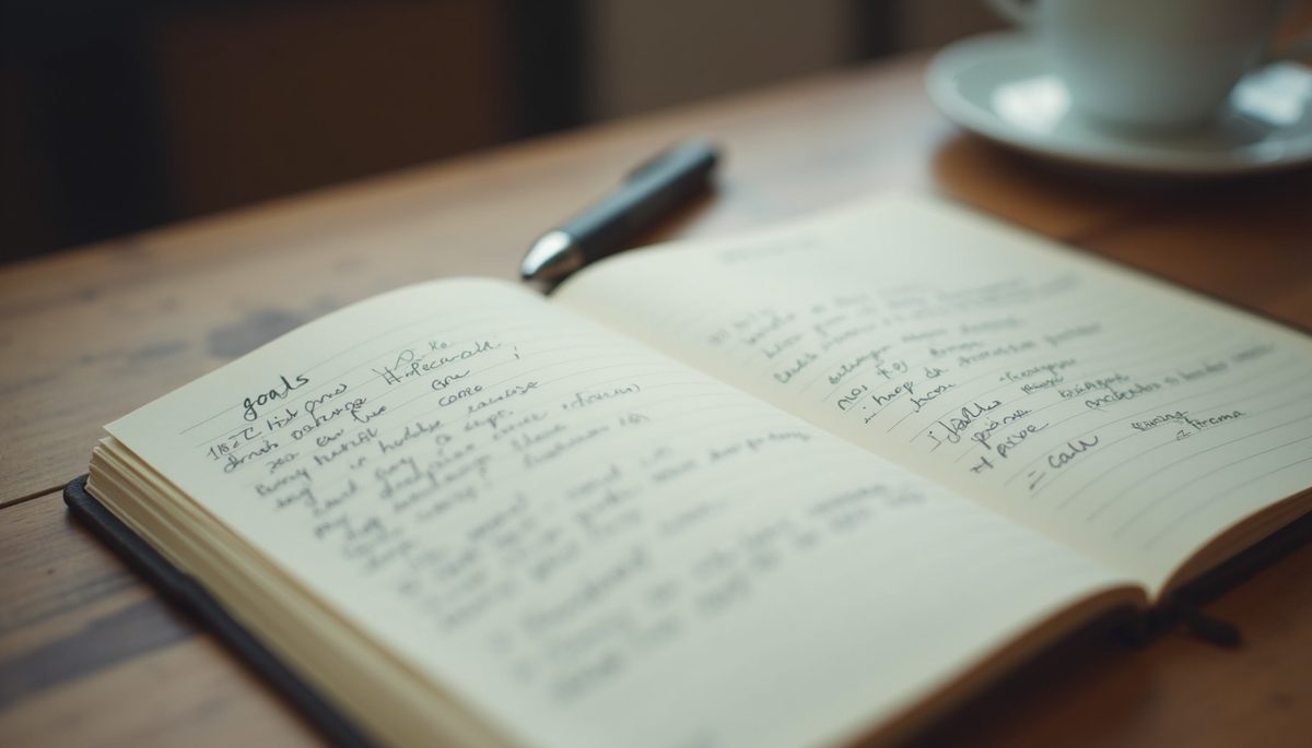 Eye-level view of a journal with handwritten goals and a pen