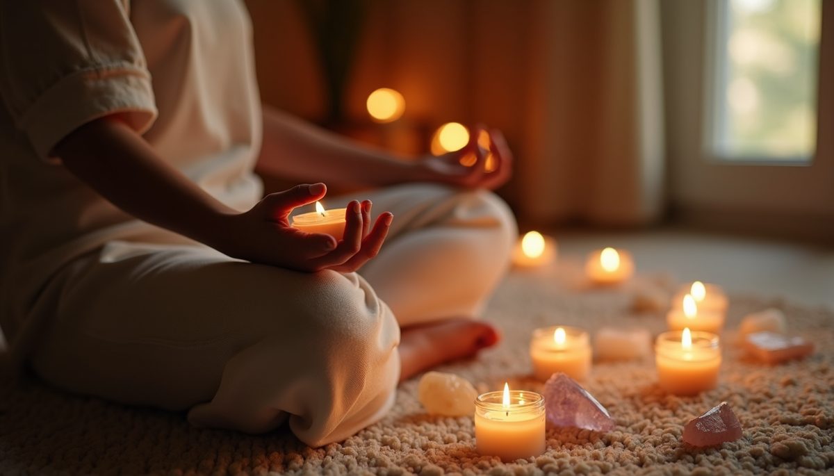 Close-up view of a person meditating with candles and crystals