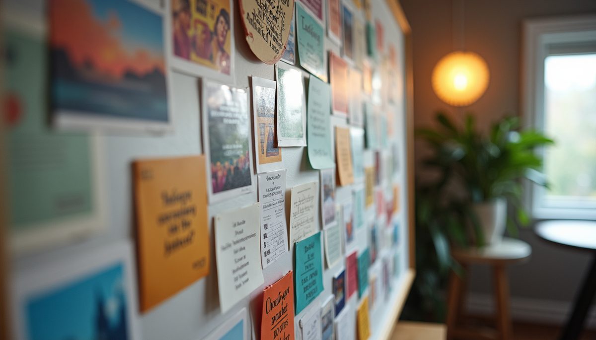 Eye-level view of a vision board filled with colorful images and motivational quotes