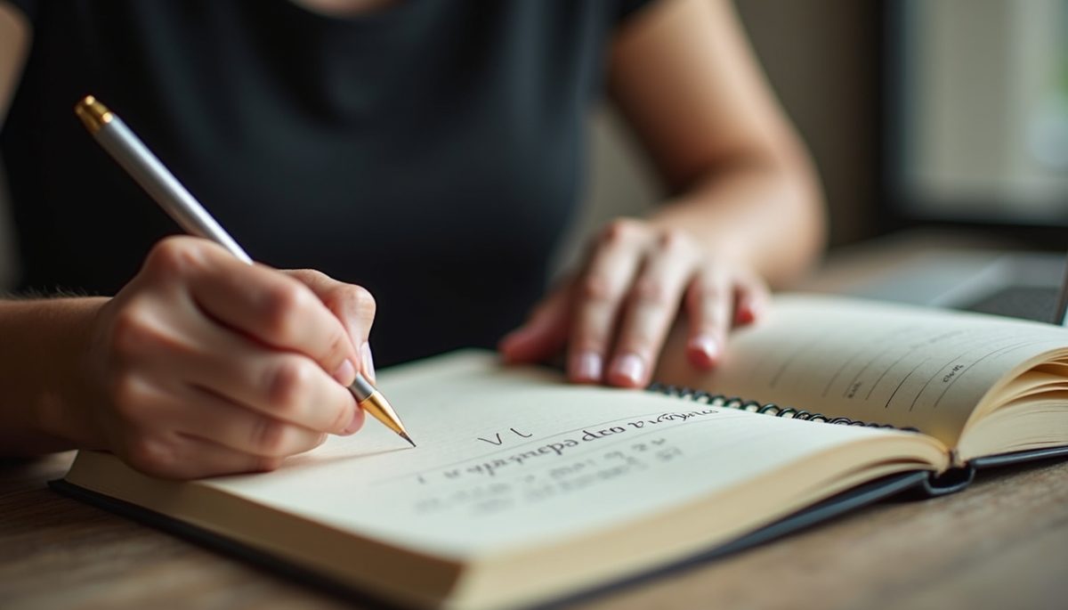Close-up view of a person writing affirmations in a journal