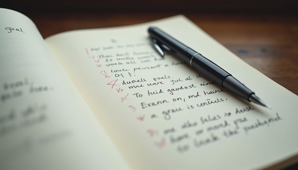 Eye-level view of a journal with handwritten goals and a pen