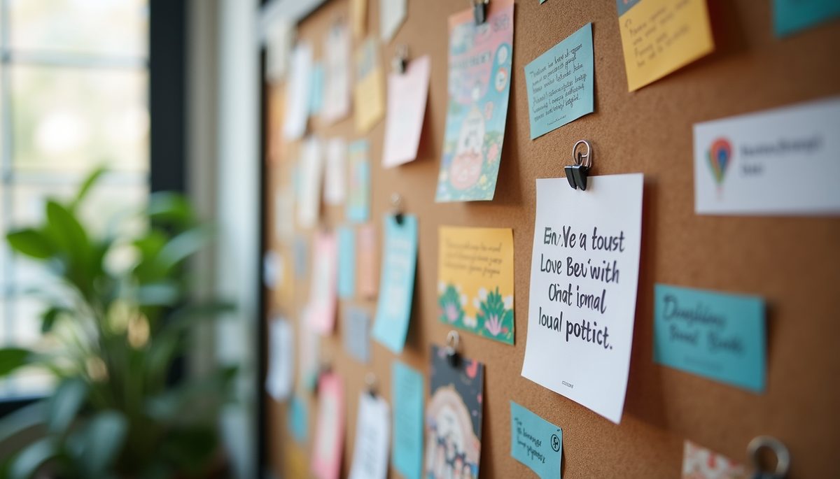 Close-up view of a vision board with colorful images and motivational quotes