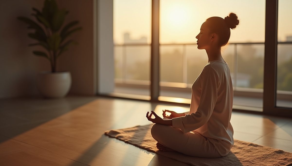 Close-up view of a person meditating with eyes closed in a peaceful room