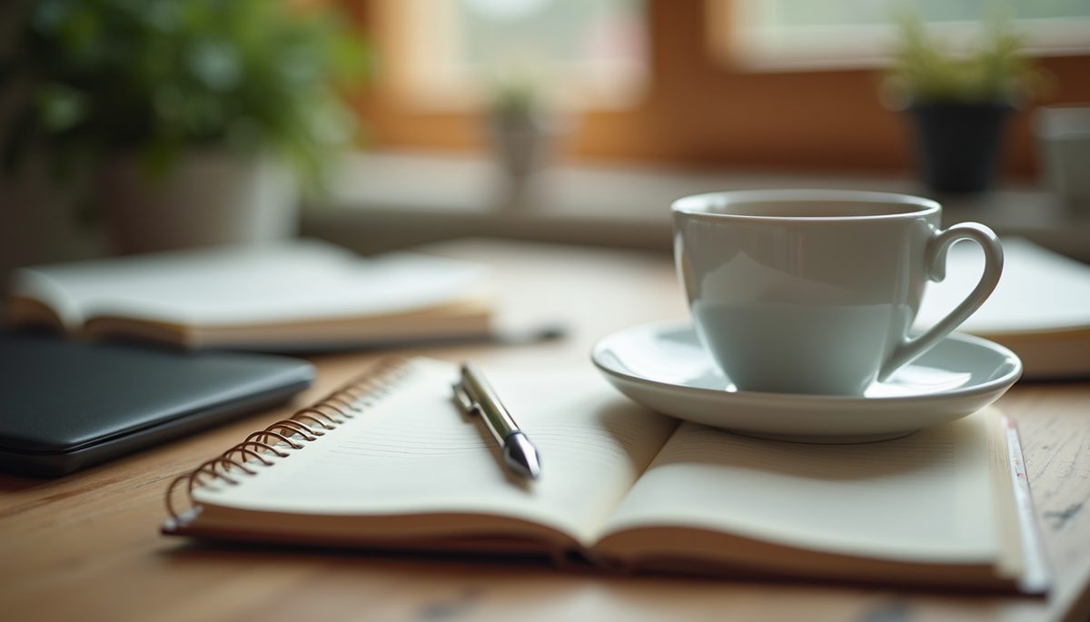 Eye-level view of a journal and pen on a wooden desk with a cup of tea