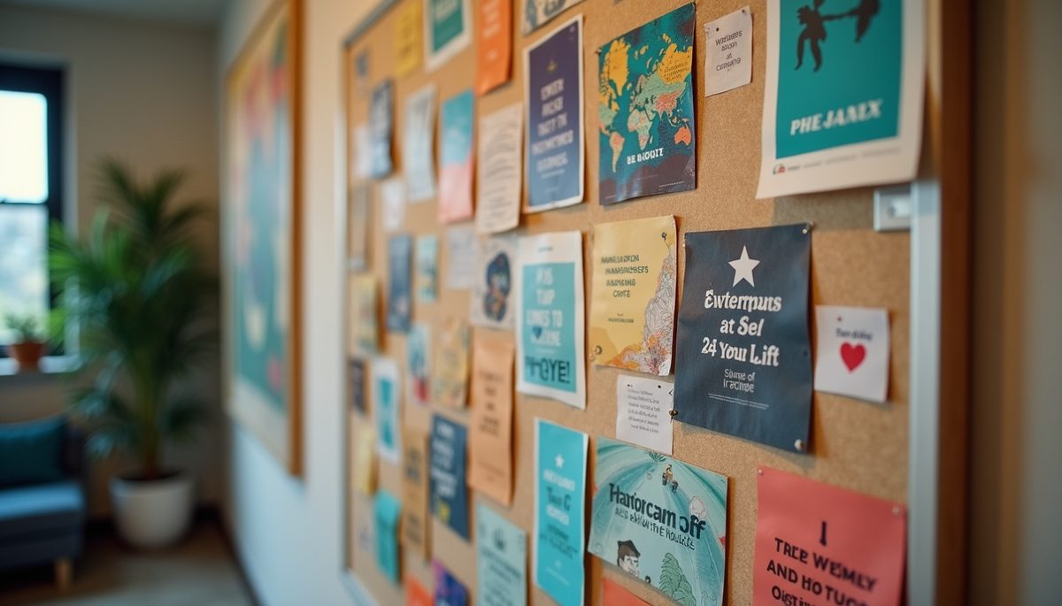 Eye-level view of a vision board filled with colorful images and inspiring words