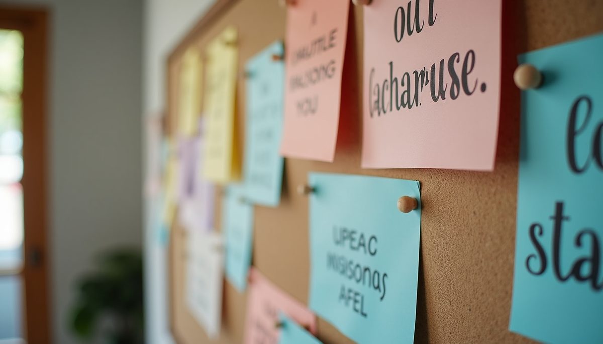 Close-up view of a vision board with colorful images and motivational words