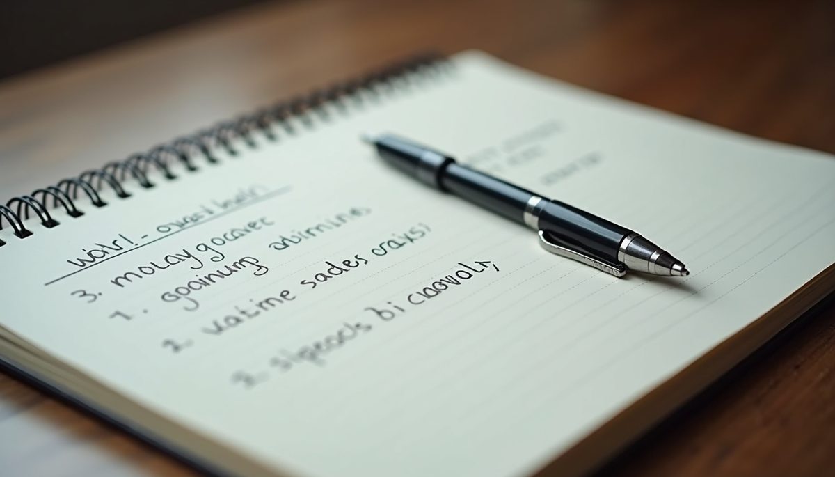 High angle view of a notebook with handwritten goals and a pen