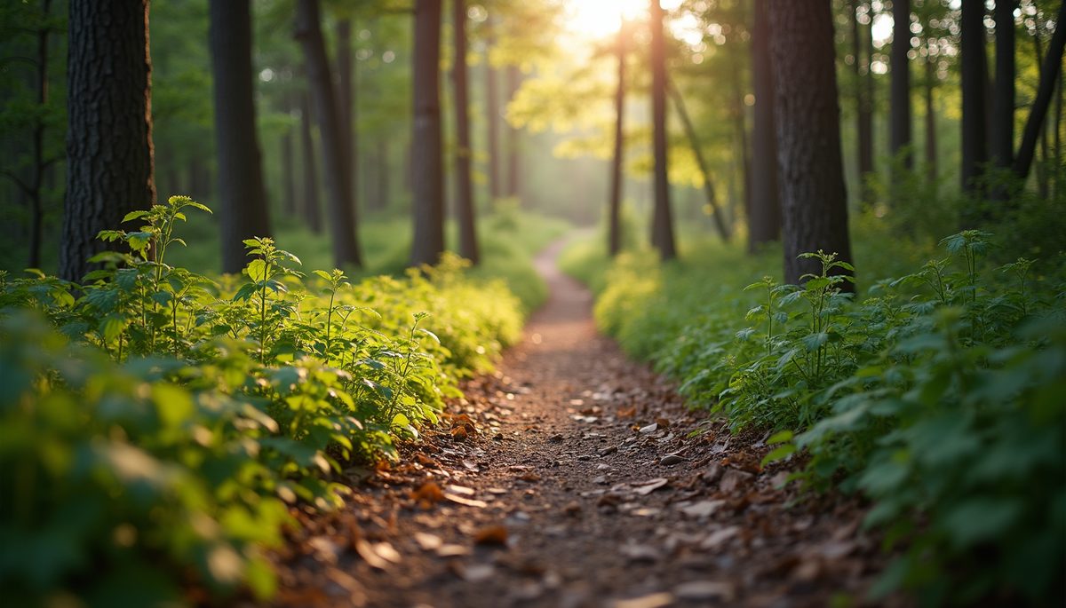 Close-up of a peaceful forest path inviting tranquil exploration