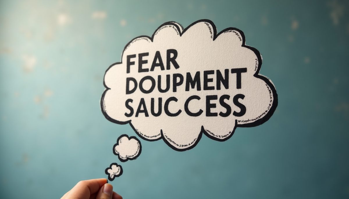 Close-up of a thought bubble containing keywords like “fear,” “doubt,” and “success”