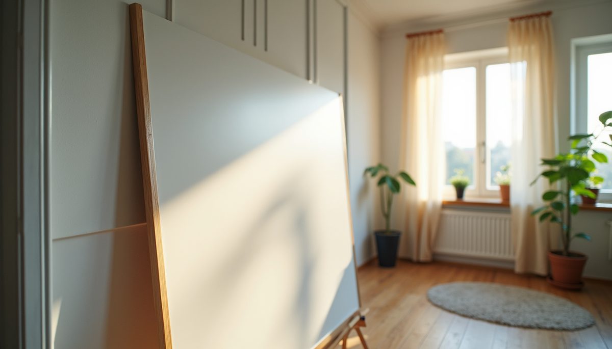 High angle view of a brightly lit room with a vision board