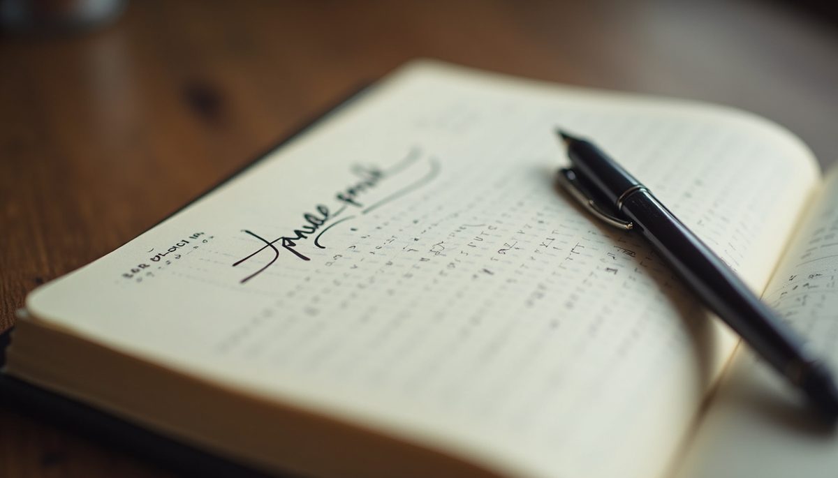 Close-up view of a journal with handwritten gratitude entries and a pen
