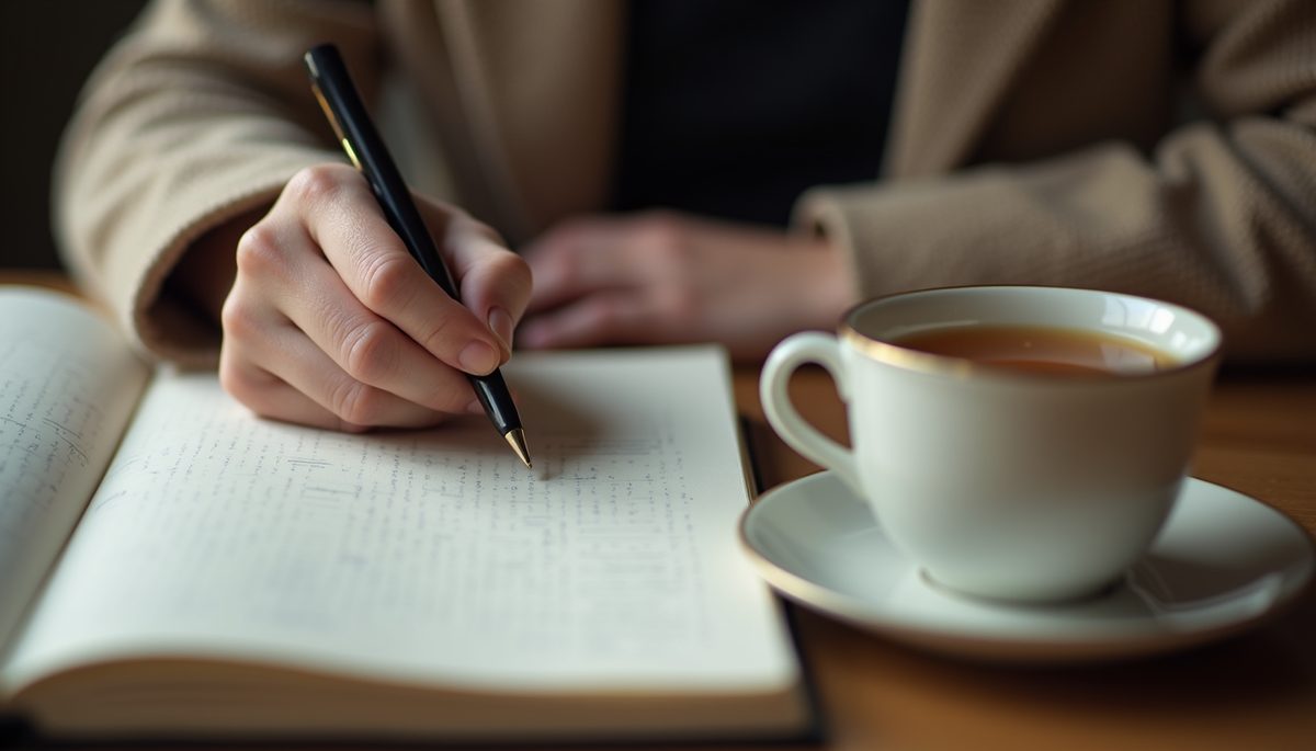 Close-up view of a person writing in a journal with a cup of tea nearby