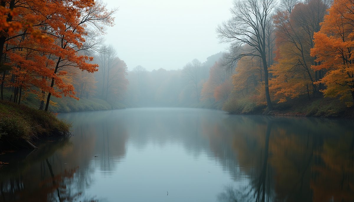 Eye-level view of a serene and tranquil lake surrounded by autumn trees