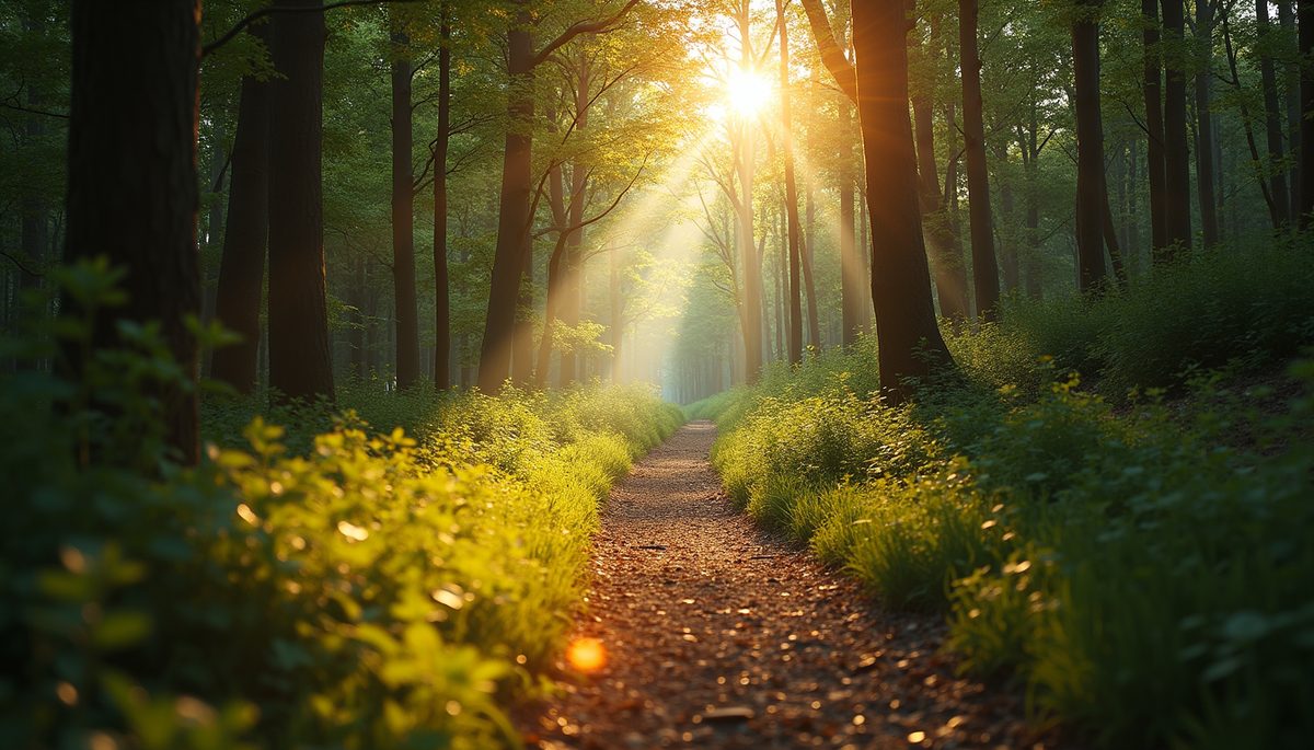 Wide angle view of a peaceful forest trail illuminated by sunlight