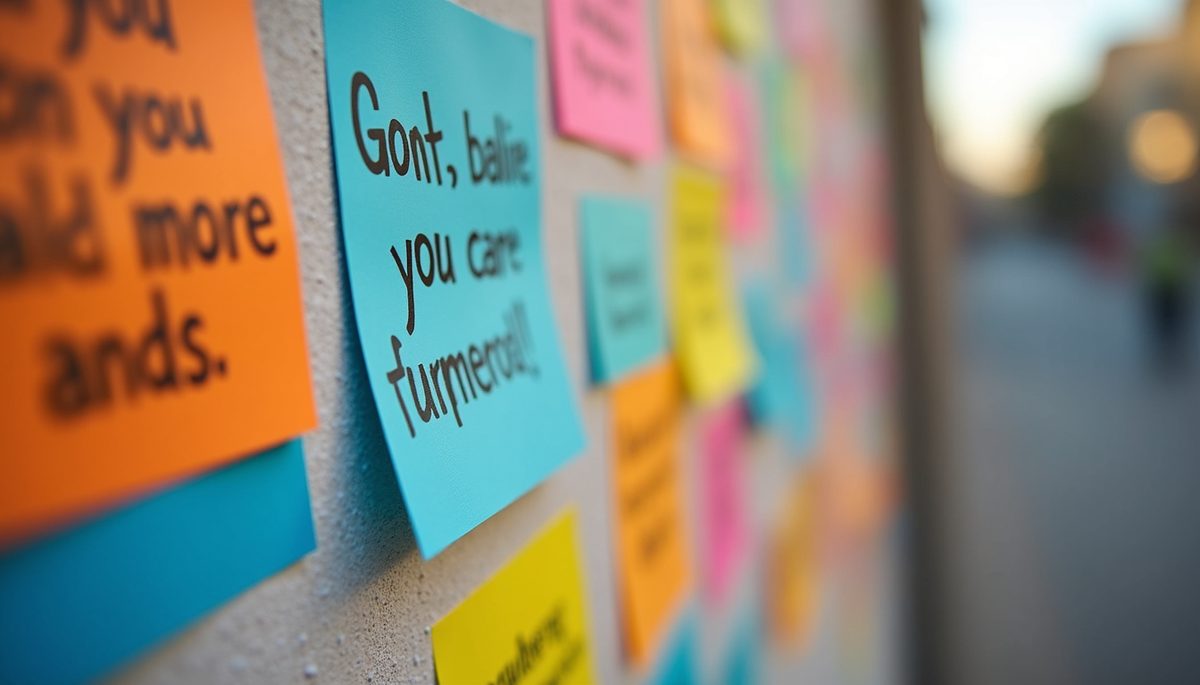 Close-up of a colorful vision board with motivational quotes
