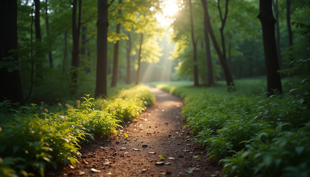 Wide angle view of a peaceful forest trail