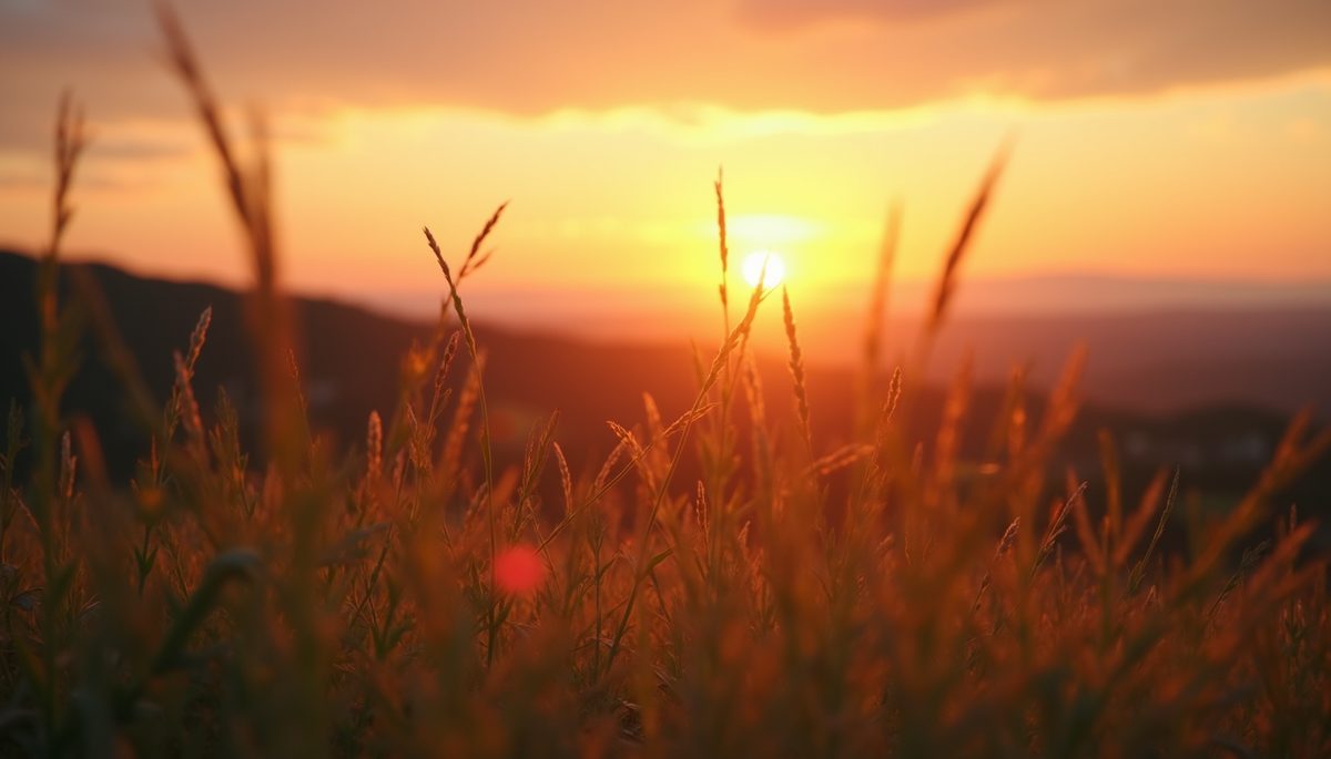 Eye-level view of a serene landscape with a sunset