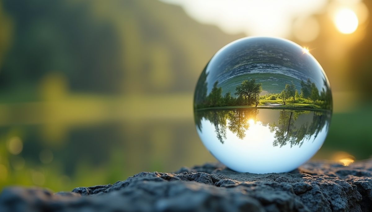 Close-up view of a crystal ball reflecting a peaceful landscape