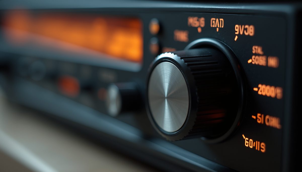 Close-up view of a radio dial being adjusted
