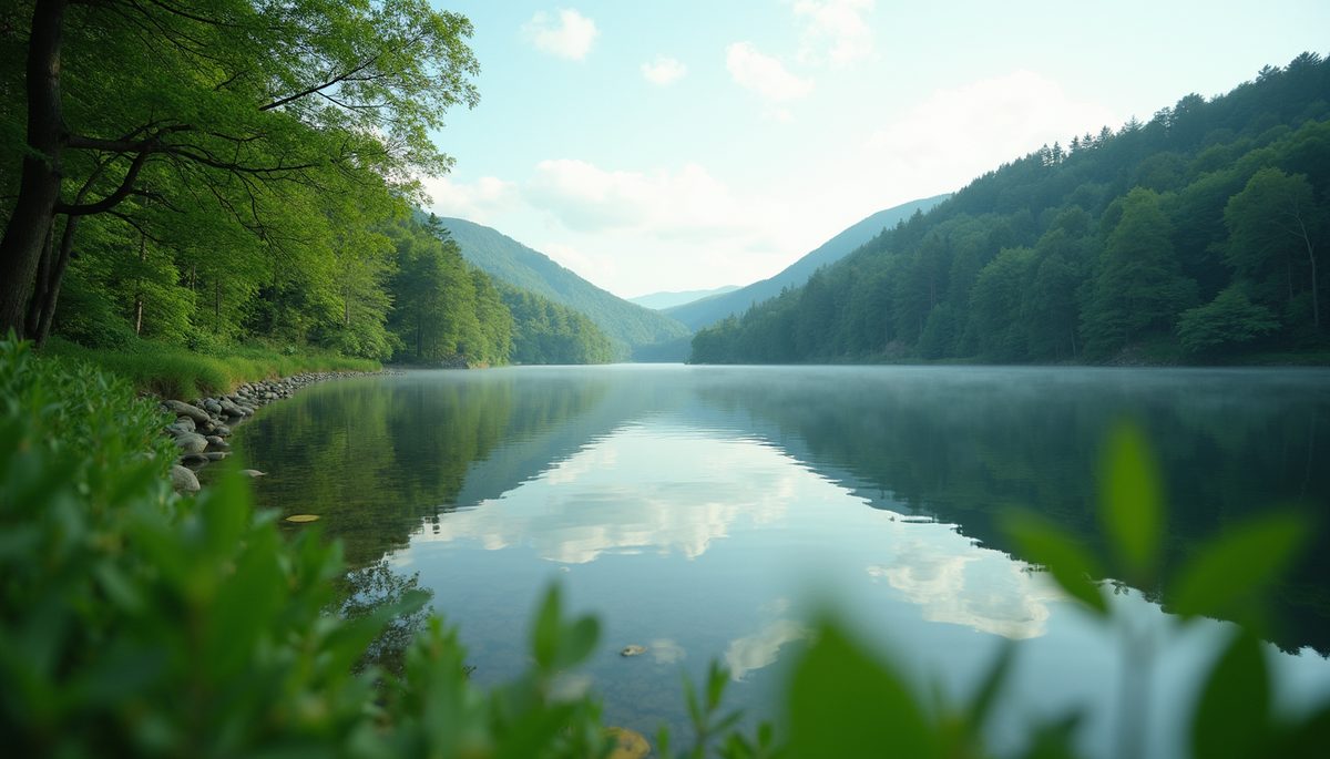 Eye-level view of a serene lake with lush greenery