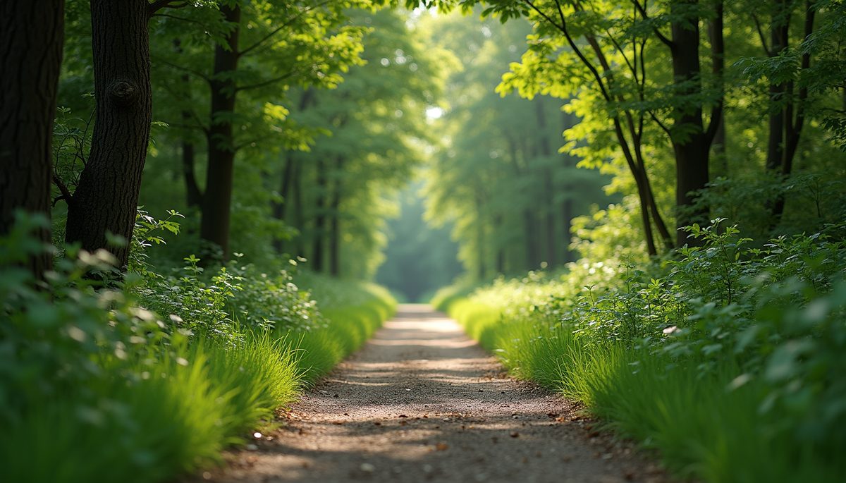 Wide angle view of a quiet path through lush greenery