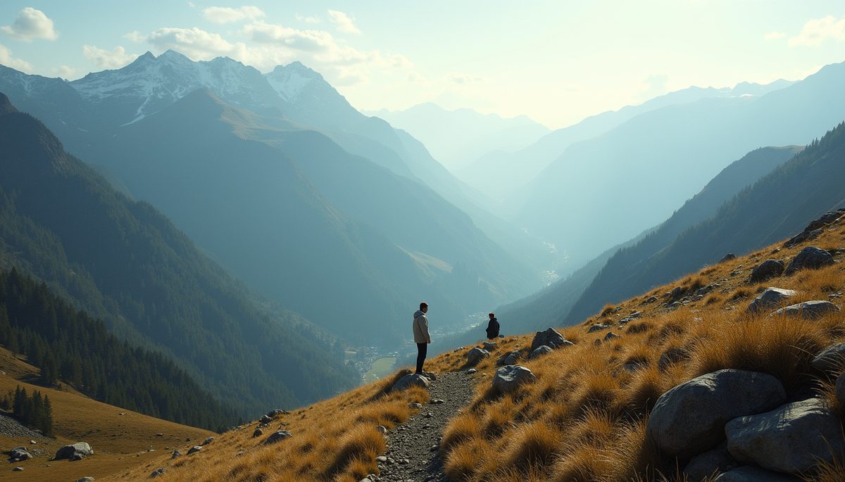 High angle view of a serene landscape with mountains
