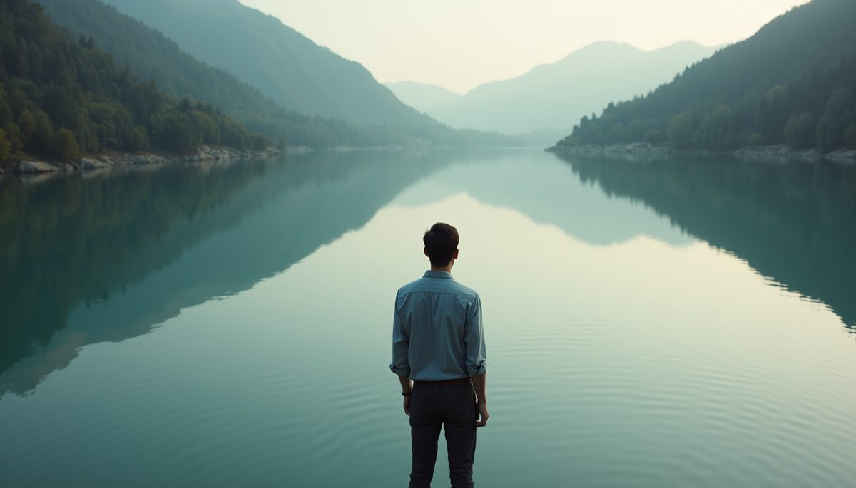 Close-up view of a person reflecting by a calm lake