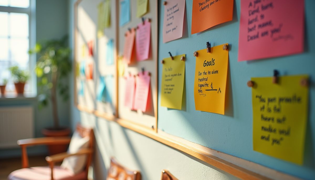 Eye-level view of a colorful inspiration board with goals